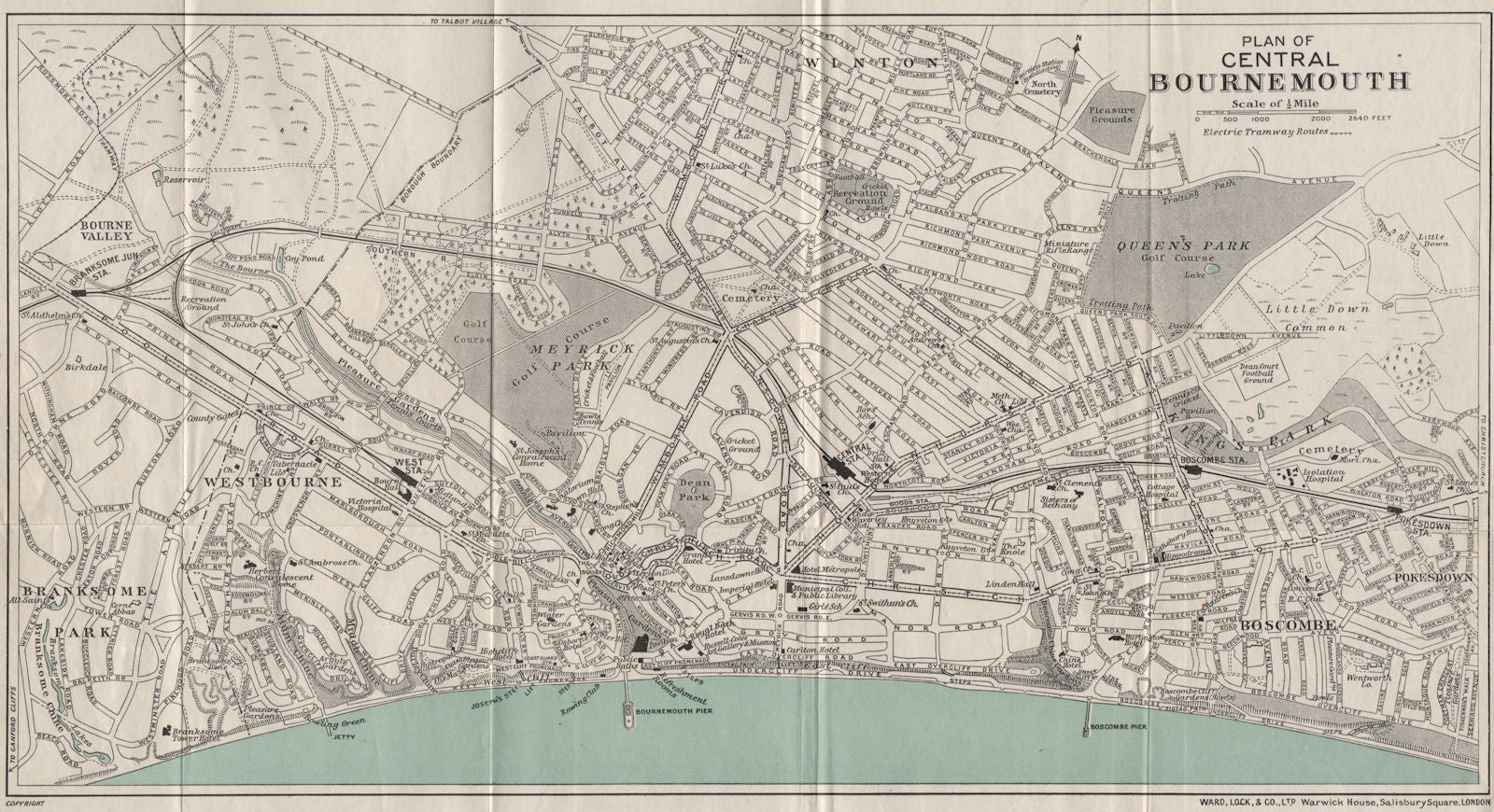 CENTRAL BOURNEMOUTH vintage town/city plan. Dorset. WARD LOCK 1933 old map